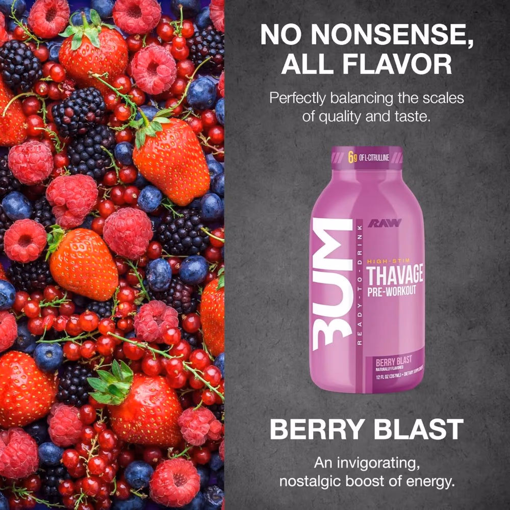 Raw Bum Thavage Pre Workout Ready to Drink Berry Blast 355ml 5