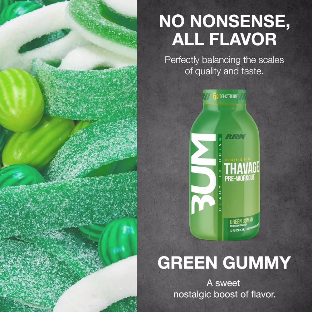 Raw Bum Thavage Pre Workout Ready to Drink Green Gummy 355ml 5